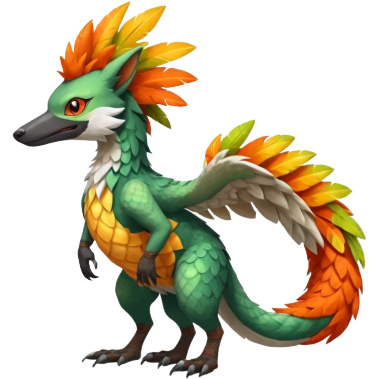 Colorful Fruity Warm-colored Tropical Exotic Vernid-Sergal-Trico-Silvally-Nargacuga-fusion-hybrid-animal-creature, full body emoji