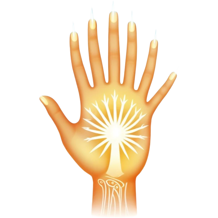 ethereal glowing hand with intricate symbolic palm lines, radiating mystical energy emoji