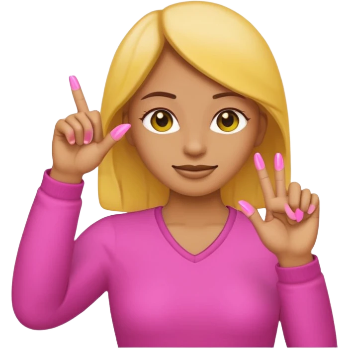 Yellow female emoji left hand with pink fingernails making an “L” with index finger and thumb emoji