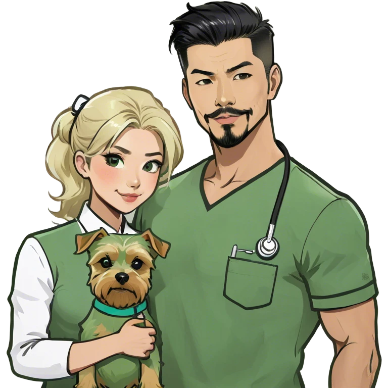 A blonde white nurse stands beside a handsome, muscular Korean man with black hair styled in a sharp point, a full goatee, and a blonde Yorkshire Terrier in his arms emoji