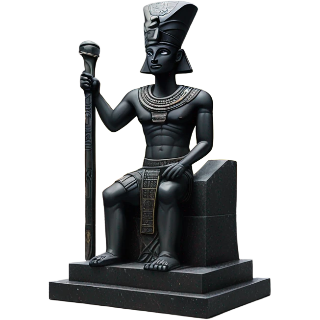 Osiris crook and flail obsidian statue on granite 30 ton brick, massive size, sunlight behind, sunset colors, reflections on black stone polished clean perfect, photography angles emoji