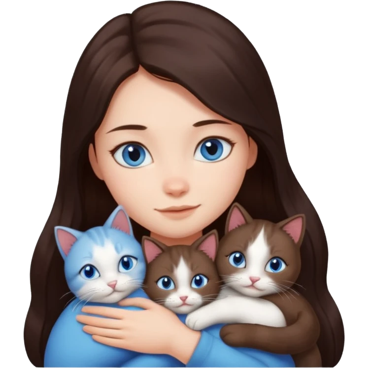 a girl with long dark 
brown hair, with blue eyes, hugs 3 different natural coloured cats emoji