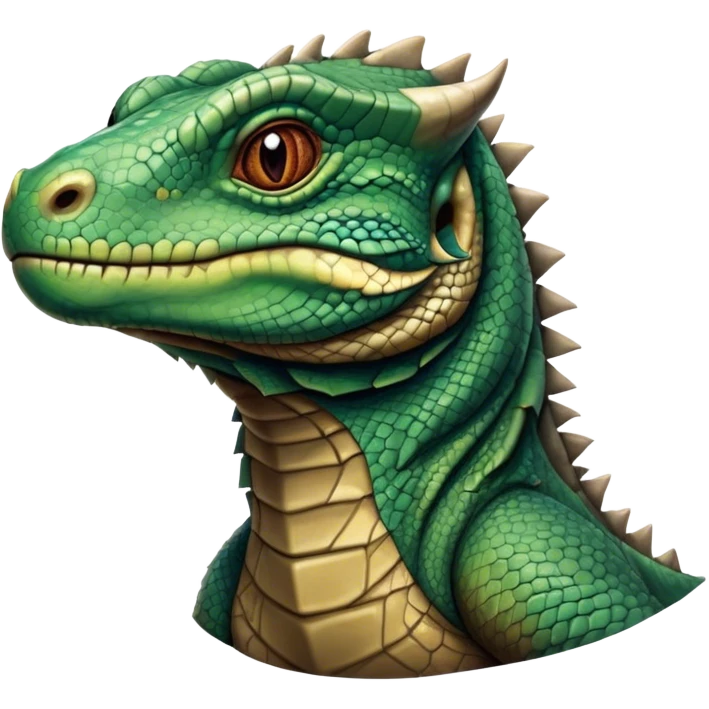 Cinematic Noble Komodo Dragon Lizard Portrait Emoji, Poised and regal, with a rugged, scaled body and powerful stance, deep-set intense eyes and textured, weathered skin, Simplified yet sharp and sophisticated features, highly detailed, glowing with a soft, ancient glow, high shine, intelligent and formidable, stylized with an air of primordial authority, focused and commanding, soft glowing outline, capturing the essence of a watchful and confident guardian that appears ready to stride out of the screen with timeless power! emoji
