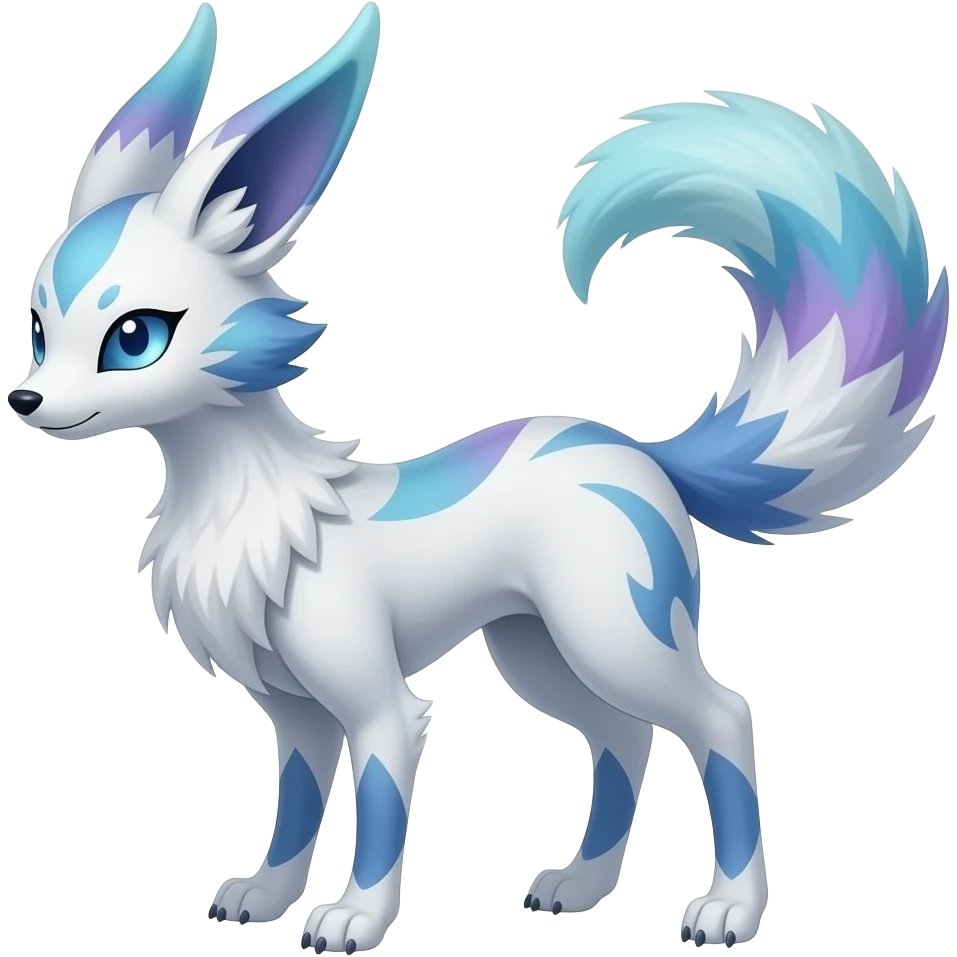 Auroral fuzzy Slim thin lanky scrawny tall elegant oriental feral painted Asian Absol-Glaceon-Sylveon-fusion-hybrid-creature emoji