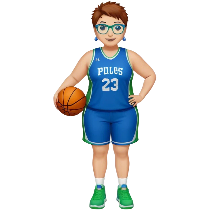 Full Body plus size white female basketball player with short medium brown hair with carmel highlights spikey hair wearing blue glasses 
 wide nose wearing blue green uniform  green sneakers smiling wearing earrings emoji