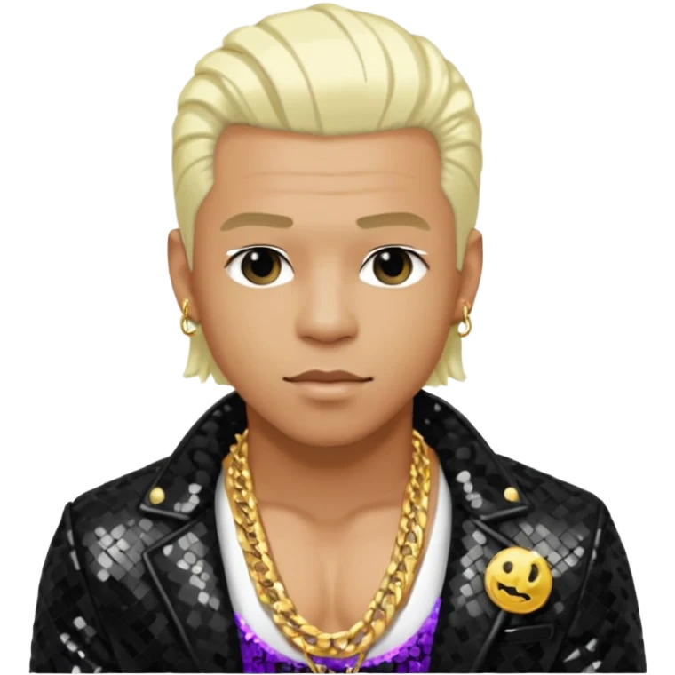Sisqó with platinum blonde hair, black sequin jacket, shirtless with necklace emoji