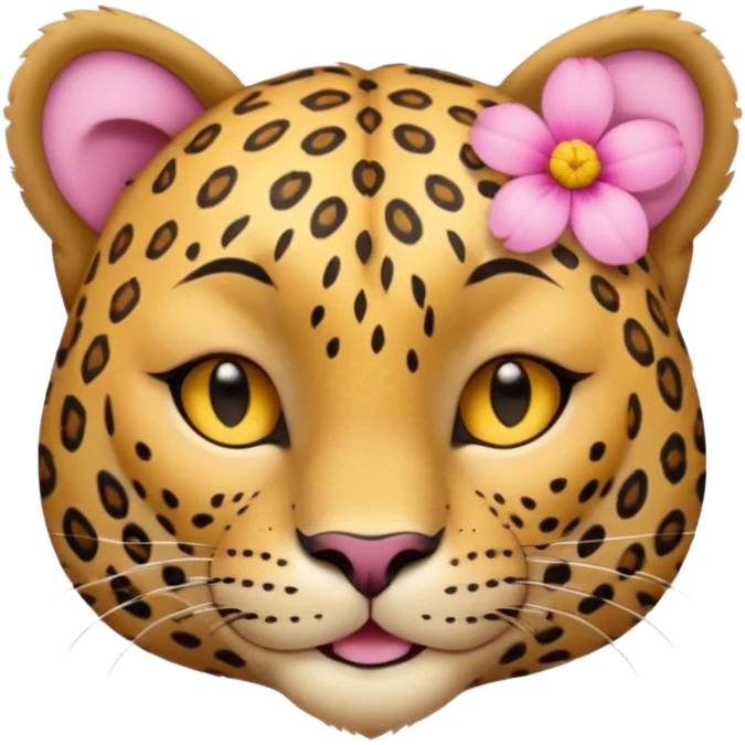 eyes closed, A leopard with peaceful smile, A pink flower with a yellow center is tucked behind its right ear
 emoji