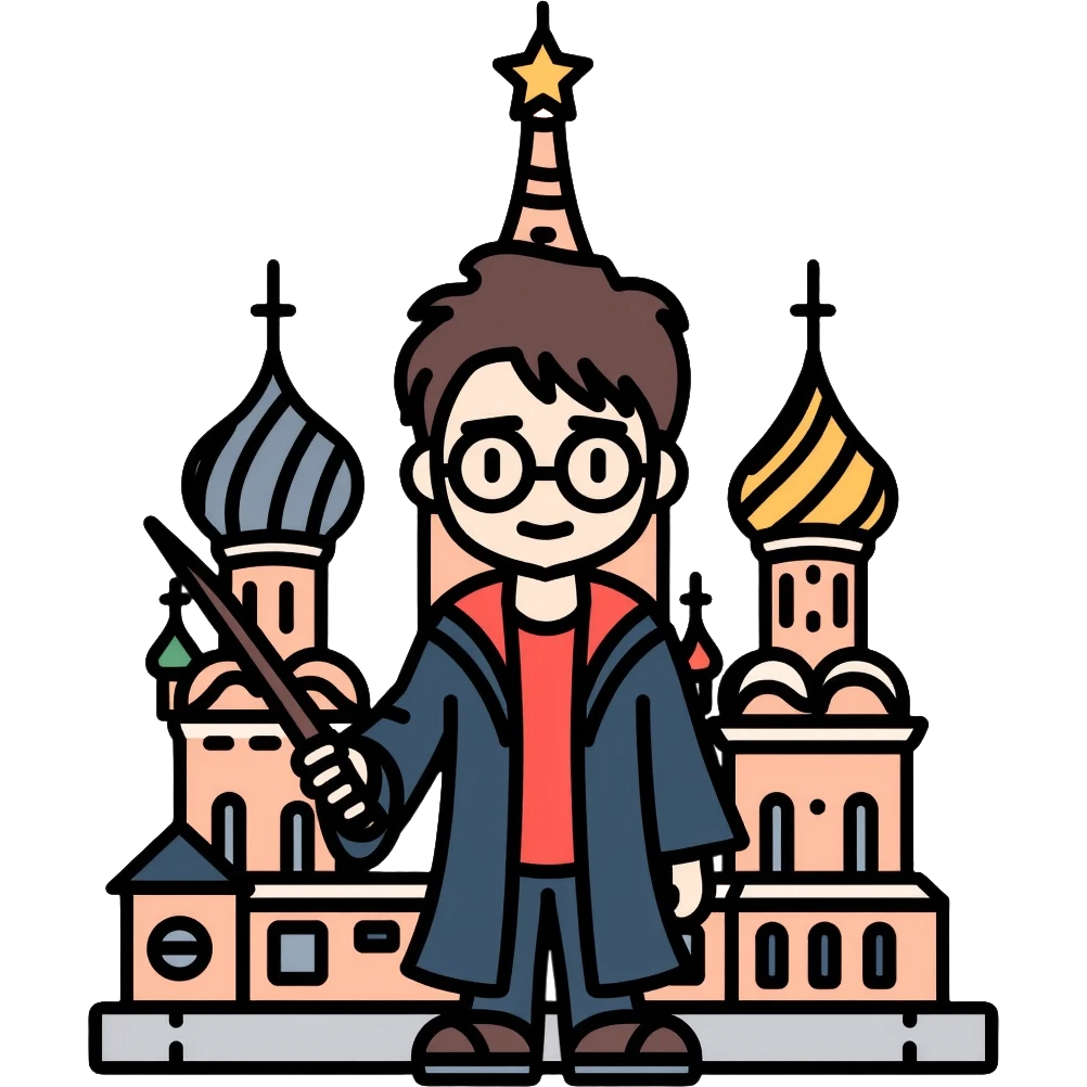 Harry Potter with glasses, lightning scar, and wand standing in front of St. Basil's Cathedral in Russia emoji