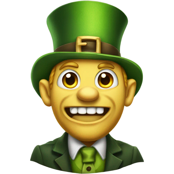 Leprechaun with laughably crossed eyes and an open mouth with crooked teeth. Just one yellow skin. Eyes more crossed. Whole body cross the eyes.  emoji