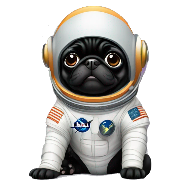 happy black Pug astronaut puppy sitting on floor emoji