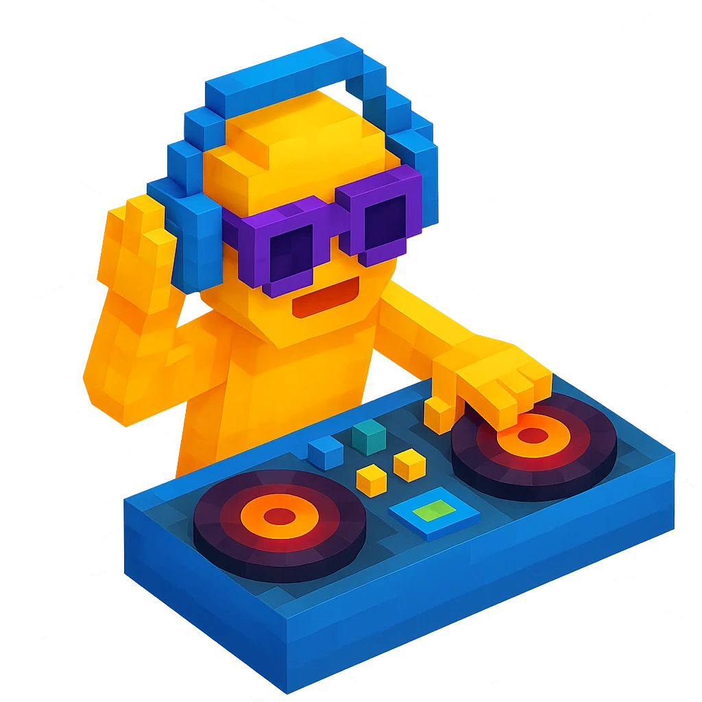 DJ mixing records with glowing turntables and a dynamic pose emoji