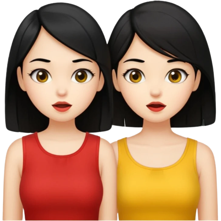 2 girls gossiping. both are fair and have black hair. One has short hair, one has long. One is wearing yellow, one is wearing red emoji