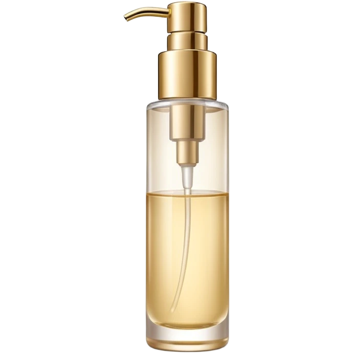 elegant semi-transparent pump bottle filled with pale golden to clear liquid, slightly glossy and lightweight, cylindrical bottle with curved pump top and clean lines, skincare product style, no label, no extras, soft lighting, subtle shadows, emoji scale emoji