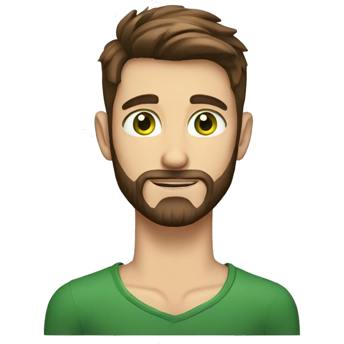 a guy with brown hair, a beard, green eyes, tattoos on his neck and hands emoji