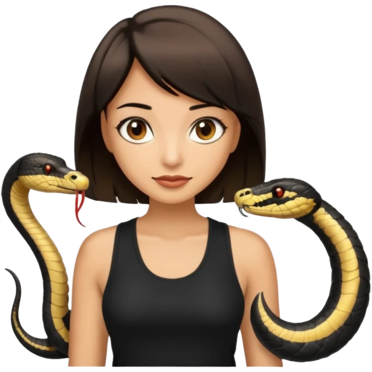 Femme brune yeux marron avec une coupe carré noir , femme couleur de peau typé, avec un cobra a côté , débardeur noir emoji