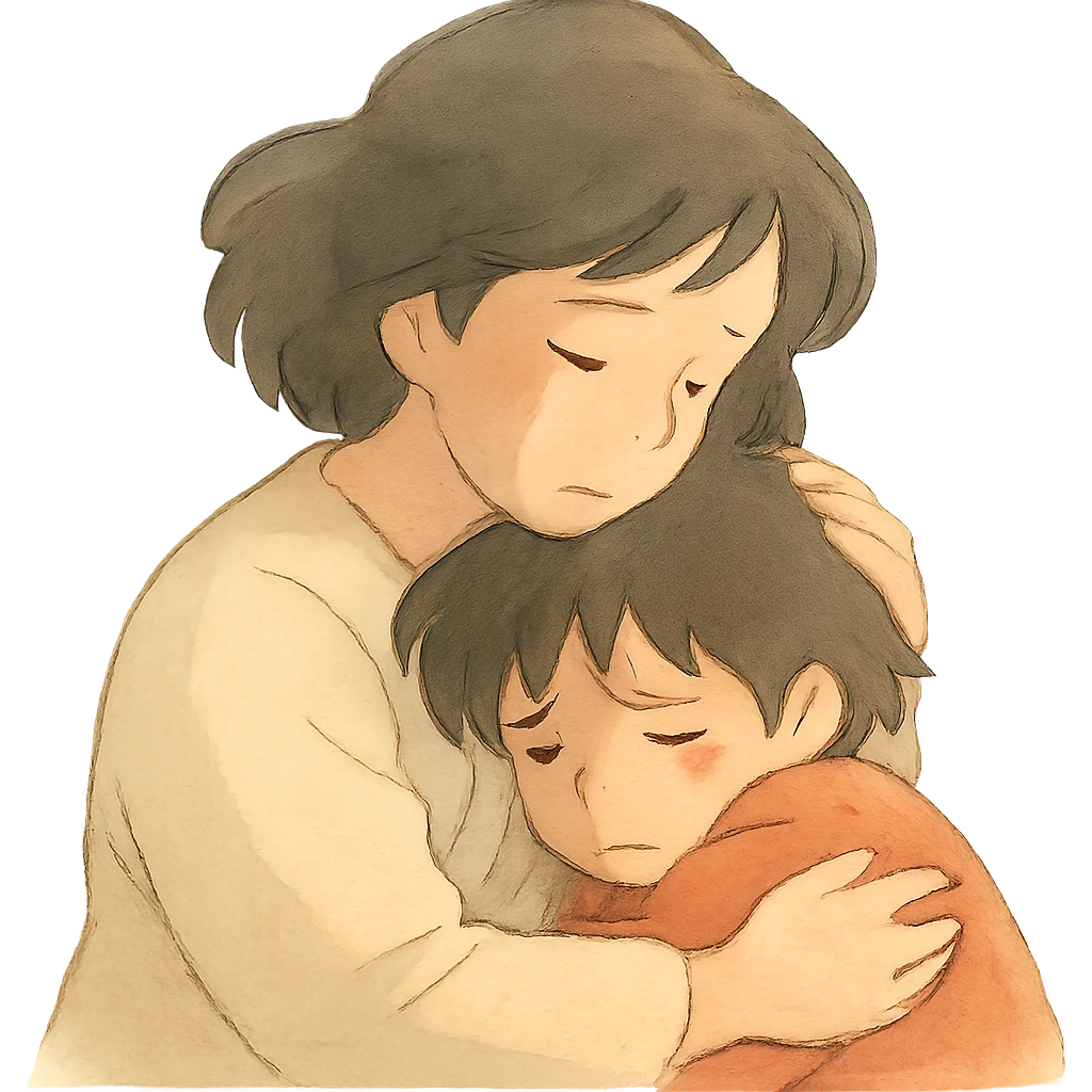 mother hugging a sad child, soft colors, emotional scene emoji
