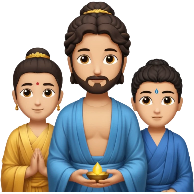 Create a Jesus, Krishna, and Buddha standing together. Buddha: warm golden or light tan skin, dark curled hair with a traditional top bun (ushnisha), half-closed meditative eyes

 emoji
