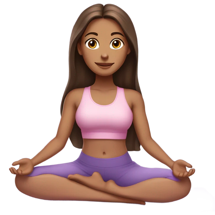 Brunette long hair and brown eyes yoga beautiful girl in light pink pink purple clothes sitting on a yoga mat emoji