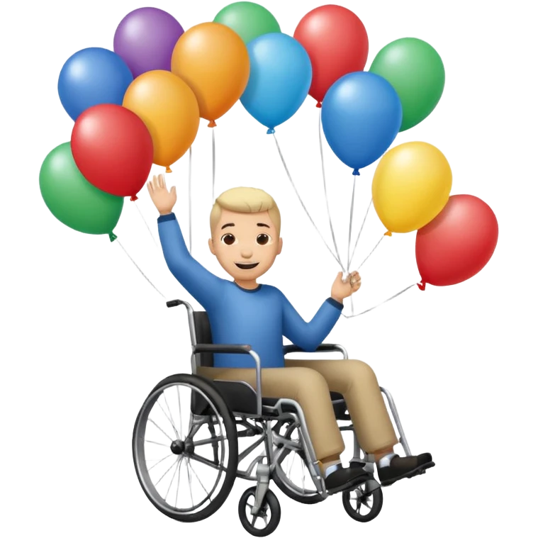 Persona in sedia a rotelle appesa a dei palloncini emoji