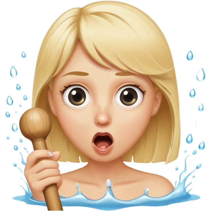 blond woman with wide eyes holding a wide skin-colored stick with a D-shaped knob, knob with skin texture, water squirting from flat side of knob into her mouth, shocked face emoji