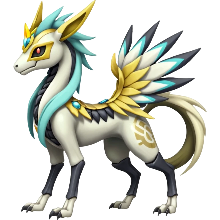 Colorful Skeletal masked armored Meloetta-Manectric-Silvally-Solgaleo-Raikou-Pokémon-Digimon-Fakémon-fusion-hybrid-creature, full body emoji