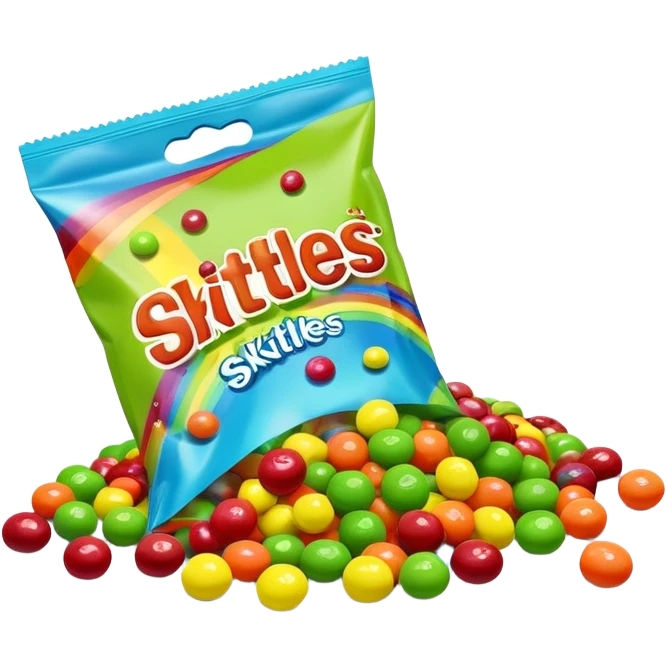 Regular colorful rainbow Skittles candy package spilling only green round candies, standard colorful Skittles packaging with only green Skittles coming out emoji