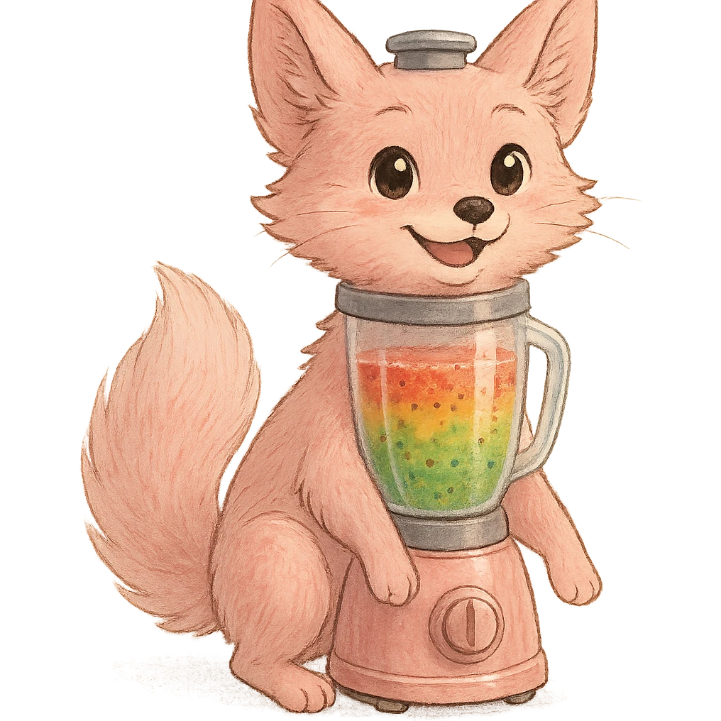premium full-body ghibli style pastel pink fox as a blender, soft fluffy fur, transparent body showing colorful realistic smoothie inside, big sparkling eyes, gentle happy face, joyful pose, highly detailed emoji