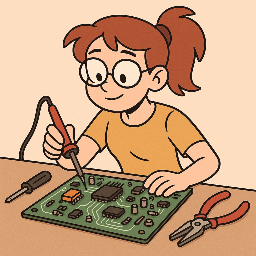circuit board and tools, electronics engineering concept, flat toon illustration style emoji