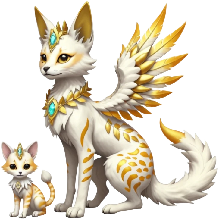 Epic complex fantasy glorious detailed futuristic divine godly angelic feathery sunny, white, albino, pastel, golden, orange glowing sparkly, realistic Fakémon-Sprigatito-Floragato-Meowscarada-Trico-Sergal-Serval-Solgaleo-Vernid-creature (full body) solarpunk, shiny sparkly with a gold laurel emoji