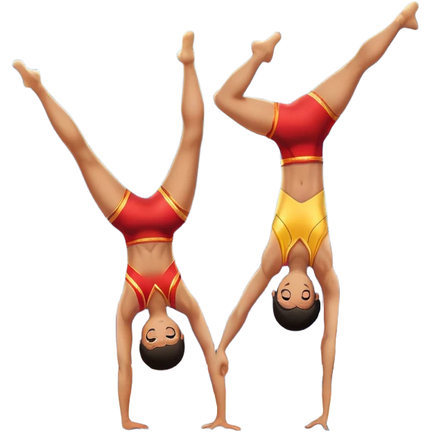 A skilled acrobat performing a handstand with perfect balance, while another acrobat gracefully flips in the air, showcasing their strength and precision. The background features a large gymnasium with bright lights and cheering audience, symbolizing adult acrobatics as a coordinated sport. emoji