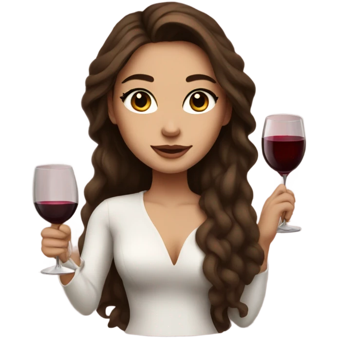 rich girl with white skin, long brown hair, dark eyes, with makeup, with wine emoji