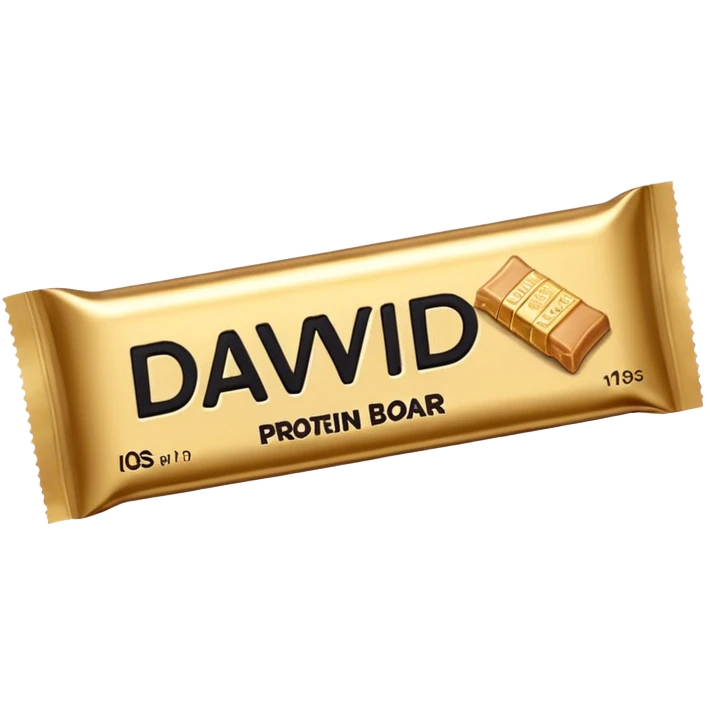 protein bar gold wrapper that says David on it in black font with a small brown box on it  emoji