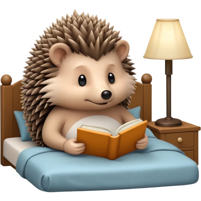hedgehog reading in bed with retro light lamp next to it emoji