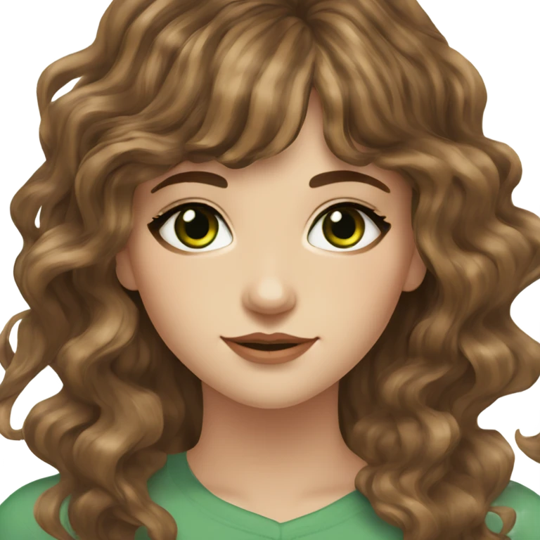 White girl green eyes with long wavy brown hair with brown highlights balayage bangs emoji