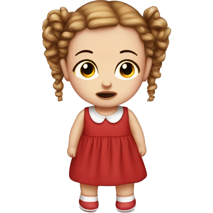 crying pale baby doll with red dress and curly brown pigtails emoji