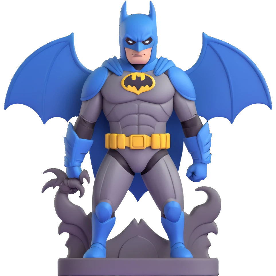 Batman in tactical armor suit with pointed ears, standing on gargoyle emoji