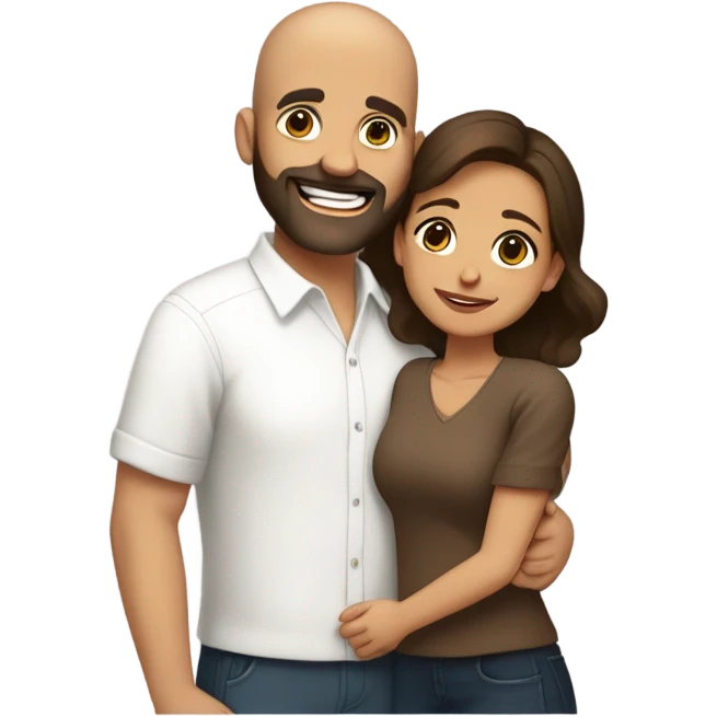 Brown-haired Puerto Rican woman with dark brown eyes wearing a cute blouse giving comforting hug to short, bald man with brown eyes, laugh lines, and a beard emoji