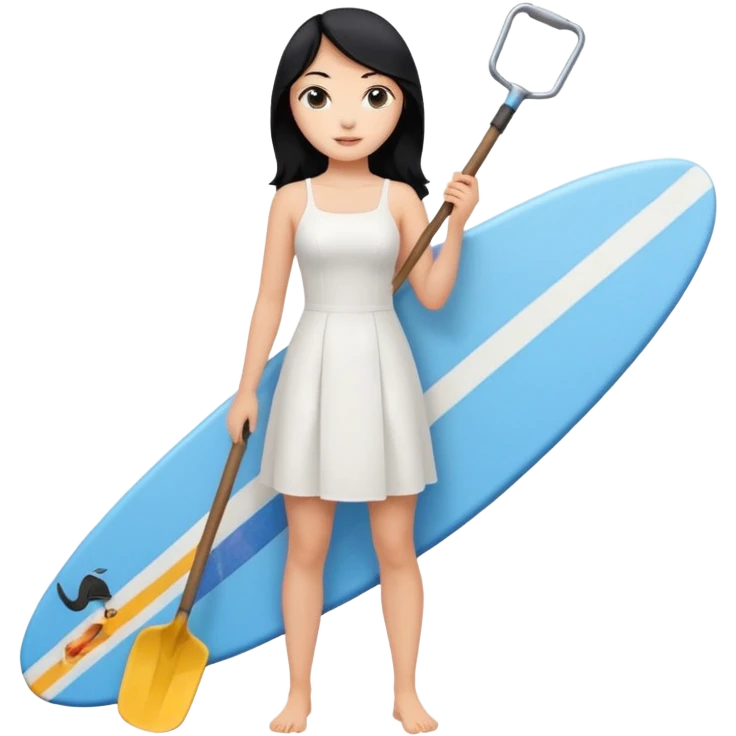 Princess who wearing white dress (woman) black hair holding her phone and long shovel with another hand. She is standing on her feet, there is one blue surfing board. emoji