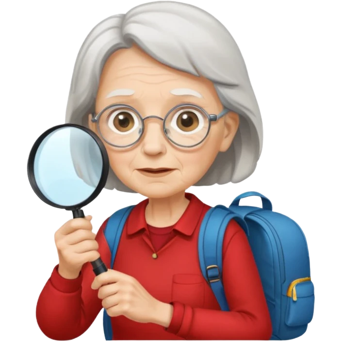 Explorer old woman with red shirt backpack and magnifying glass emoji