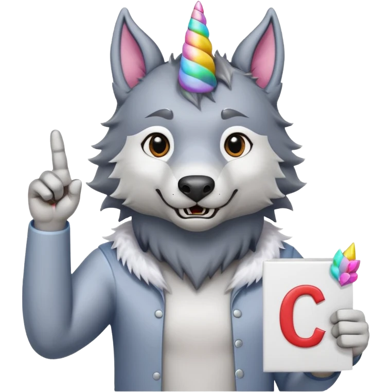 A wolf holding the letter C with a middle finger and 10 toes sticking out with a unicorn horn and saying hello  emoji