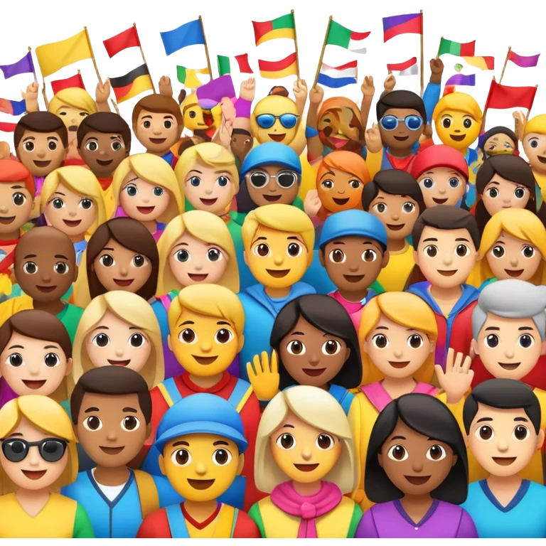 emoji festival with crowd of people, flags, music, joy emoji