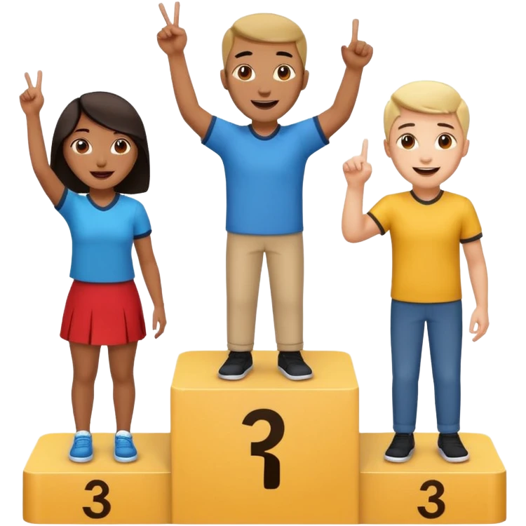 three casually dressed multi-racial people on a winners podium, center step higher, no numbers, center person holds up one finger on each hand, excited, fun, expressive emoji style emoji
