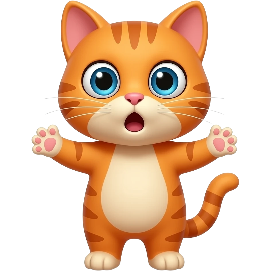 A little orange cat standing upright, with hands and arms like a little person, looking very surprised. All his body ia orange. emoji