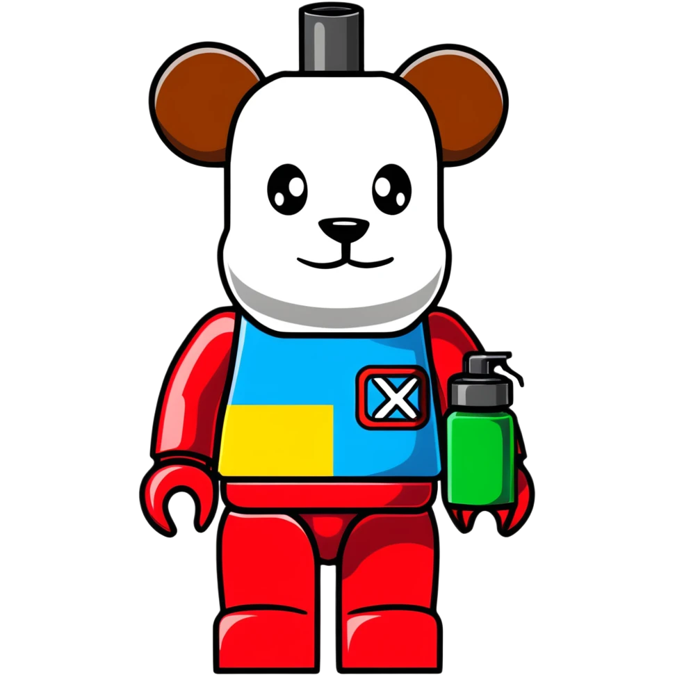 Lego style bearbrick with wild graffiti art patterns, X eyes, holding a spray paint can, vibrant colors emoji