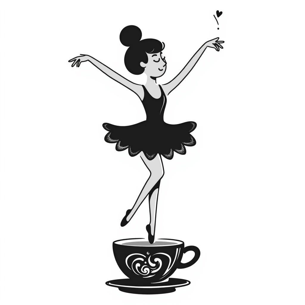 Elegant ballerina dancer formed from cappuccino foam art, pirouetting on top of coffee emoji