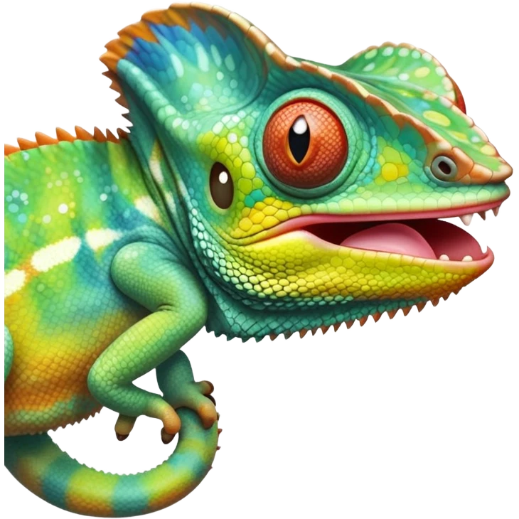 cinematic cute -chameleon-realistic emoji, mouth wide open with tongue out catching prey, -blending-with-vibrant-greenery.-detailed-scales-in-shifting-colors,-showing-the-chameleon’s-ability-to-camouflage.-soft-natural-light-highlights-its-texture.-light-background, zoomed into its face emoji
