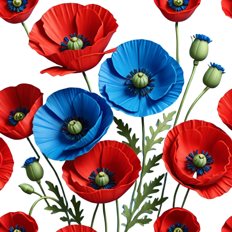 Still life realistic 3D rendering, bright blue and red poppies emoji