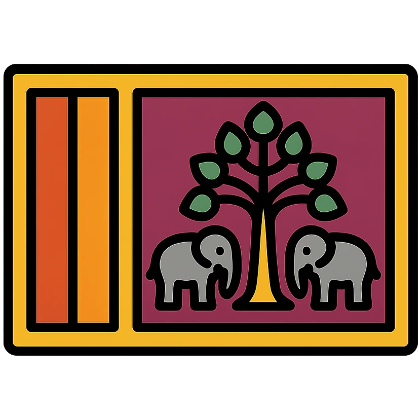 flag with red and yellow stripes, central syrissa tree, elephants flanking the tree, bold iconic style emoji