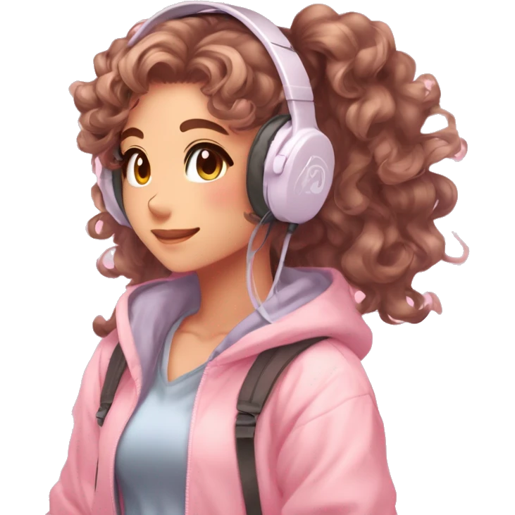 TAN SKIN GAMER GIRL WITH LONG BROWN CURLY HAIR gamingheadset pink kawaii gamer shiny blushing cute kawaii pastel anime trending style pink gaming headset gamergirl pastelcore emoji