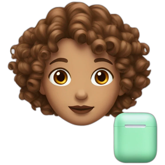 curly girl with brown bob hair brown eyes with freckles in AirPods Pro green emoji